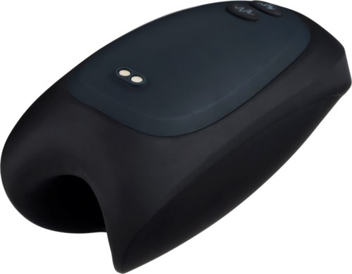 En sort trådløs computer-rist med knapper og sensor på toppen, designet til håndgreb.