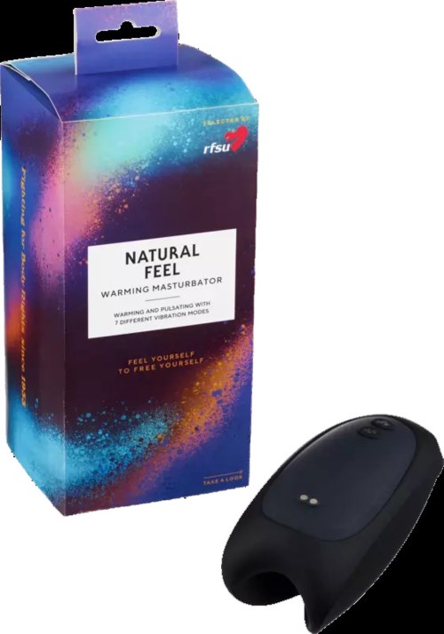 Pakkaus nimeltä 'Natural Feel Warming Masturbator' ja musta laite, todennäköisesti lämmittävä hieromasimulaattori.