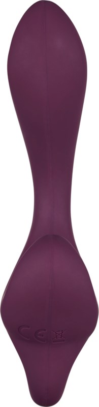 A purple, double-ended silicone tool with a curved shape for personal use or massage.