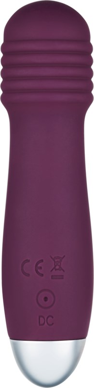 Een paarse, eivormige massager met geribbelde bovenkant, knop en stroomindicator, ontworpen voor ontspanning.