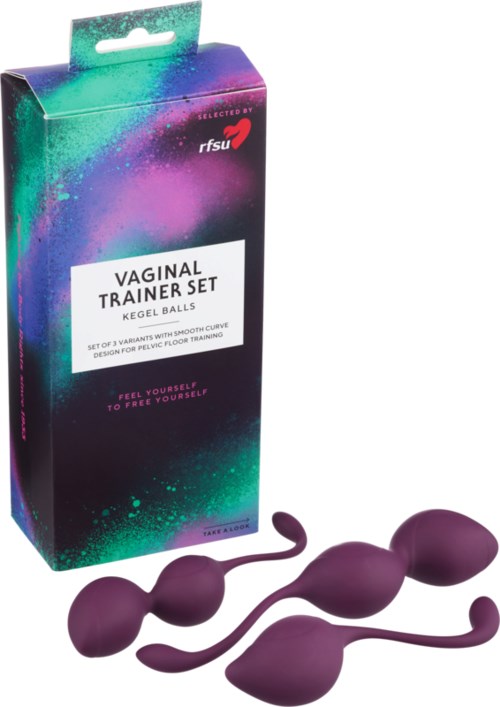 Verpakkingsdoos voor vaginale trainerballen met drie paarse items buiten de doos.