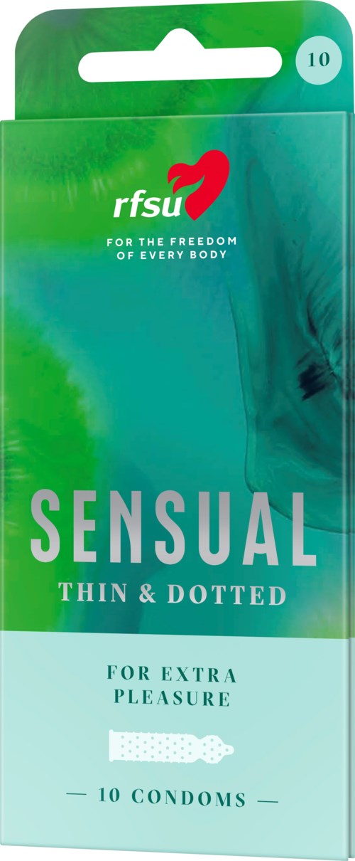 Green and blue packaging for Sensual thin and dotted condoms by FSU, designed for extra pleasure, contains 10 condoms.