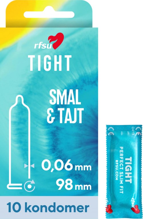Small condom with blue packaging and text indicating 0.06 mm thickness and 98 mm length.
