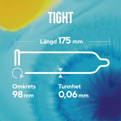 A diagram of a condom with measurements showing 175 mm long, 98 mm around, and 0.06 mm thick, labeled "Tight".