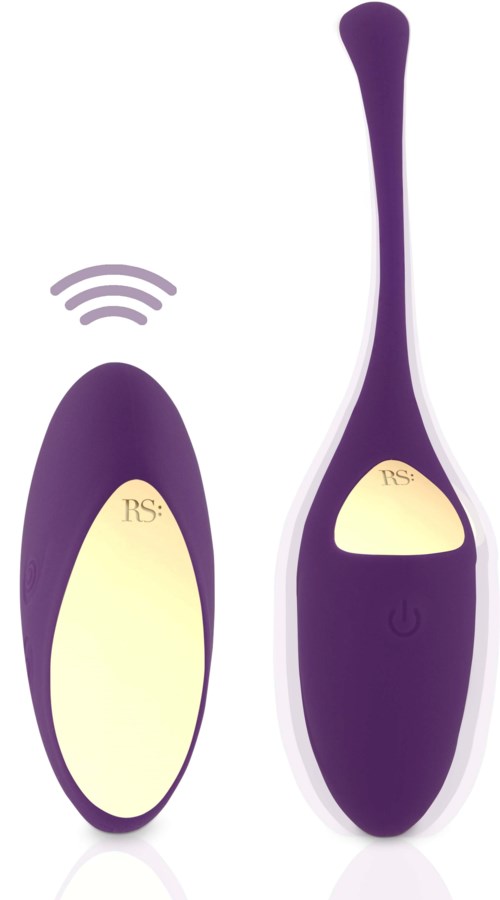 Een paarse afstandsbediening met antenne en een groter paarser apparaat met aan/uit-knop en LED-verlichting.
