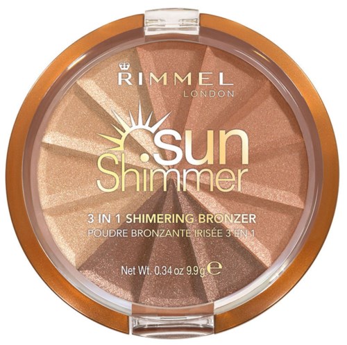 En kompakt med solinspirerad design, innehållande glansiga bronzernyanser från ljus till mörk, märkt Rimmel Sun Shimmer. Säkert för huden.