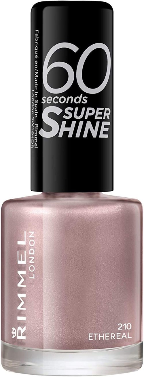Roze nagellakfles met zwarte dop. Tekst op de dop zegt '60 seconds SUPER SHINE'.