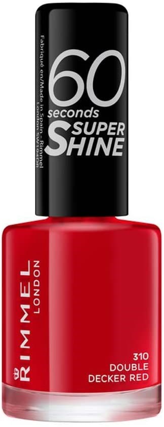 Een fles felrood nagellak met zwarte dop die '60 seconds super shine' toont.