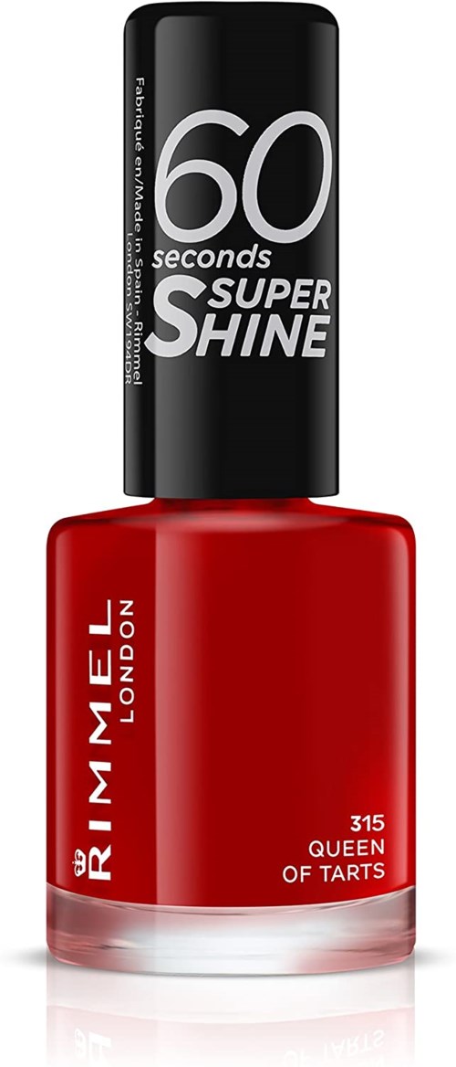 Een rode nagellakfles van Rimmel London, genaamd Queen of Tarts, met een zwarte dop die 'Super Shine' zegt.