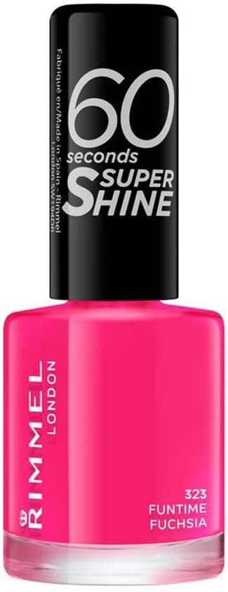 Roze nagellakfles met zwarte dop, gemarkeerd '60 seconds Super Shine' en 'Rimmel London,' tint 'Funtime Fuchsia.'