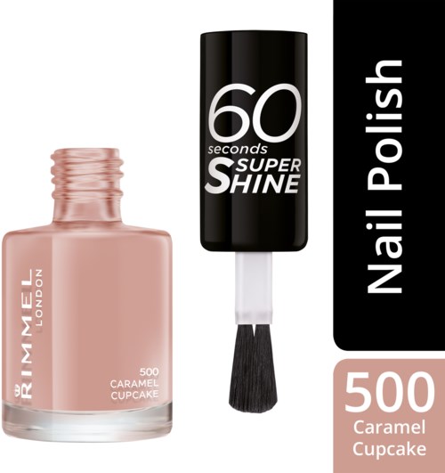 Ein Nagellackflasche und ein Pinsel mit schwarzem Deckel, auf dem "60 seconds super shine" steht, vor schwarzem Hintergrund.