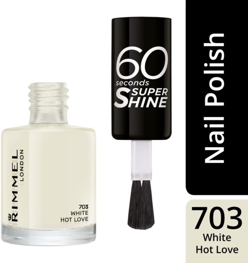 Een nagellakfles en kwast met zwarte en witte verpakking, gemarkeerd als 'White Hot Love' nummer 703.