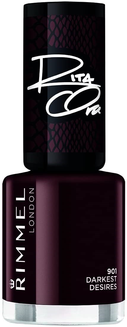 Mørklilla neglelakflaske med Rimmel London og Rita Ora branding, mærket 'Darkest Desires' og nummer 901.