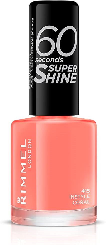 En korallfärgad nagellackflaska med svart lock som säger '60 seconds super shine' och 'Instyle Coral' längst ner.