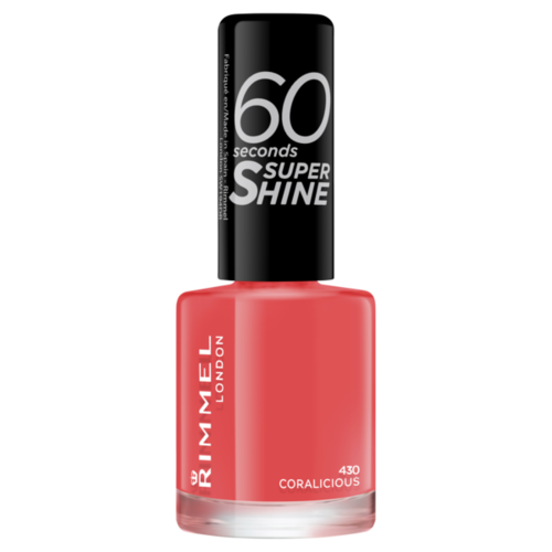 En korallfärgad nagellackflaska med vitt text, svart lock som säger "60 seconds SUPER SHINE."
