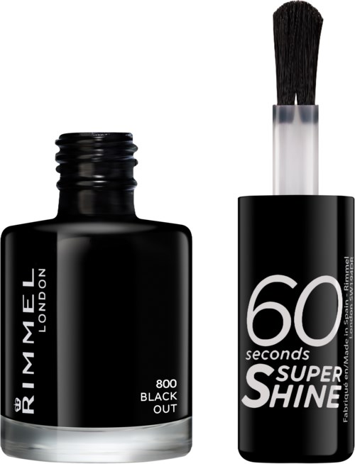 En svart nagellackflaska med en borsteetikett som säger '60 seconds super shine'.