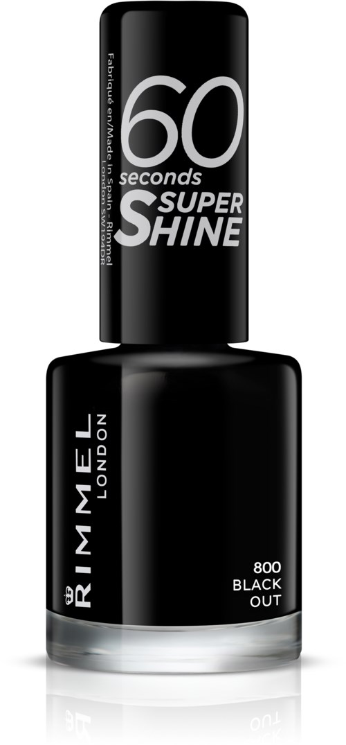 En svart nagellackflaska märkt "RIMMEL LONDON" med "800 BLACK OUT" och "60 seconds SUPER SHINE" på toppen.