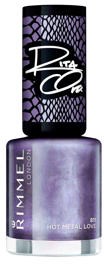 En lila nagellacksflaska med svart lock, märkt Rimmel, Hot Nail Love.