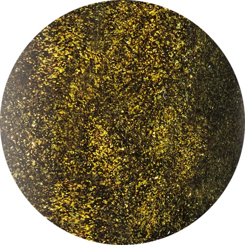 En glänsande gyllene sfär täckt av glitter, reflekterande ljus och skimrar med små gnistor.