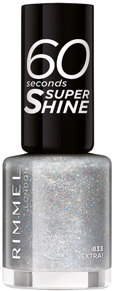 En nagellackflaska med silverglitter, ett svart lock och text som främjar glans och snabb torkning.