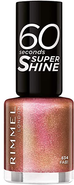 En nagellackflaska med glänsande, glitterguld och rosa färg. Etiketten visar att det är från Rimmel London.