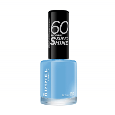 En flaska blå nagellack med svart lock, märkt '60 seconds super shine' från Rimmel London.