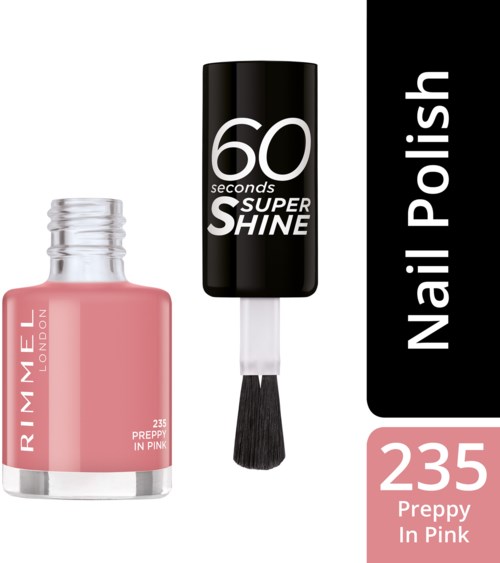 Een flesje roze nagellak met label '235 Preppy In Pink' en een zwarte topcoat voor nagels genaamd '60 Seconds Super Shine'.