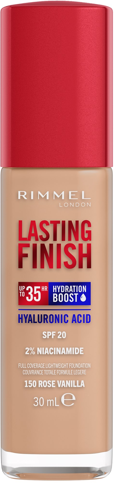 Rimmel-meikkivoide pullo, jossa punainen korkki, merkinnällä Long Lasting Finish hyaluronihapolla ja SPF 20.
