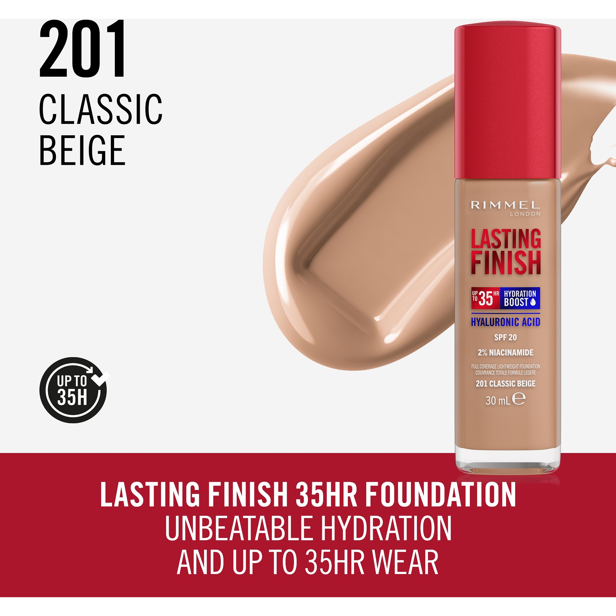 Alternativ bild 1 för Rimmel Lasting Finish Full Coverage Foundation 201 Classic Beige