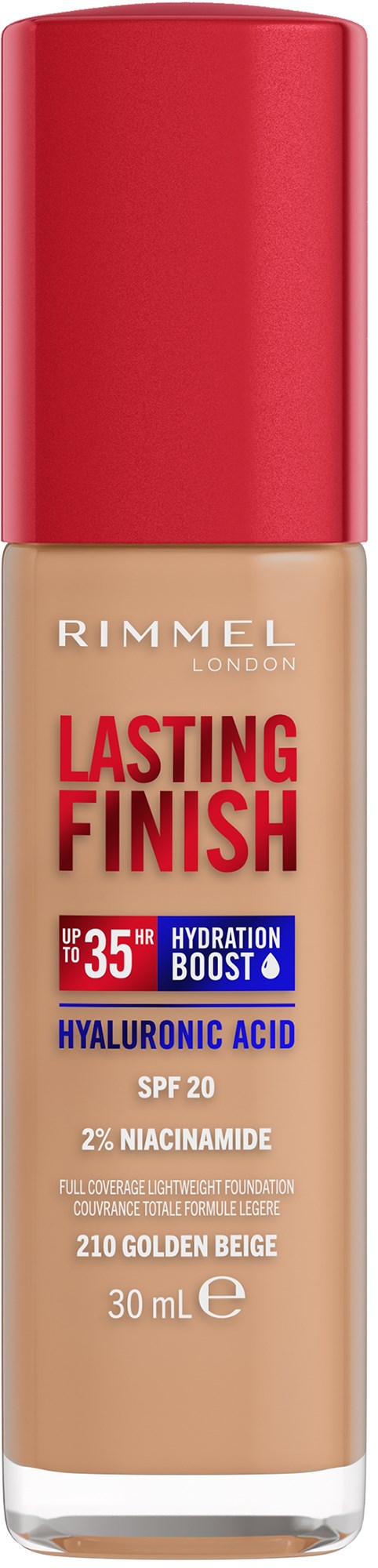 Beige meikkipurkki punaisella hatulla, Rimmel London -merkki, Lasting Finish, SPF 20 ja hyaluronihappo.
