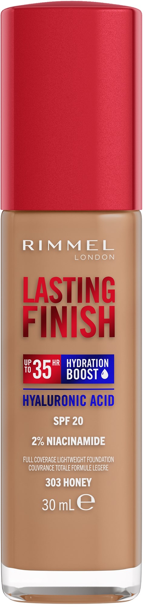 Pullo Rimmel London Lasting Finish meikkivoide SPF 20, kosteutushyvitystä, hyalyronihappoa, beige sävyssä.