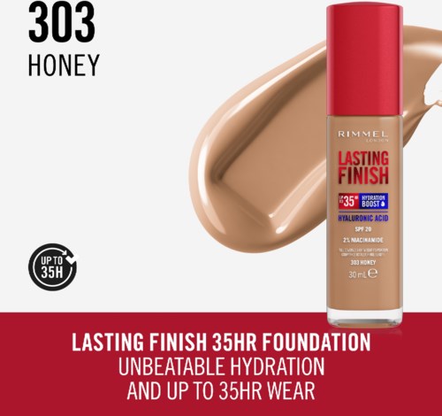 Meikkivoidepullo merkinnä 'Lasting Finish 35HR', vaalean beigestä sävystä, punaisella kannella ja tekstillä kosteutuksesta sekä SPF:stä.