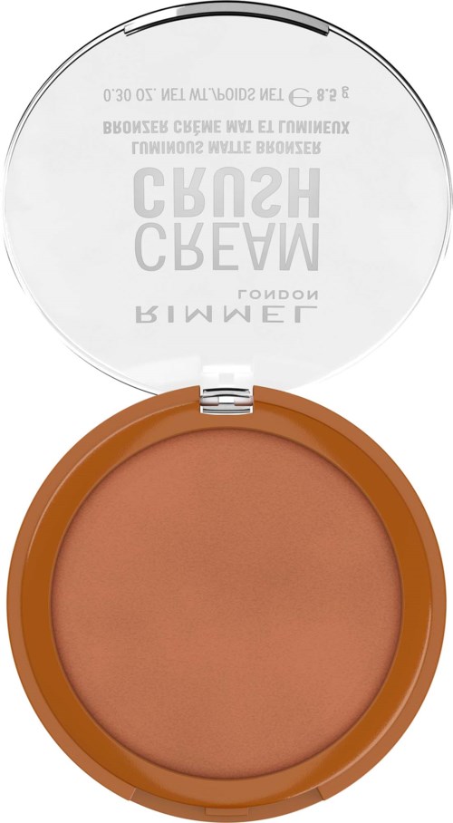 Runde Make-up-Dose mit offenem transparentem Deckel, enthält pfirsichfarbenes Puder für das Gesicht.