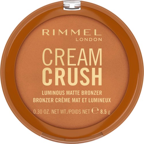 Rimmel London Cream Crush Leuchtender, matter Bronzer in runder Verpackung mit transparentem Deckel, beiges Produkt.