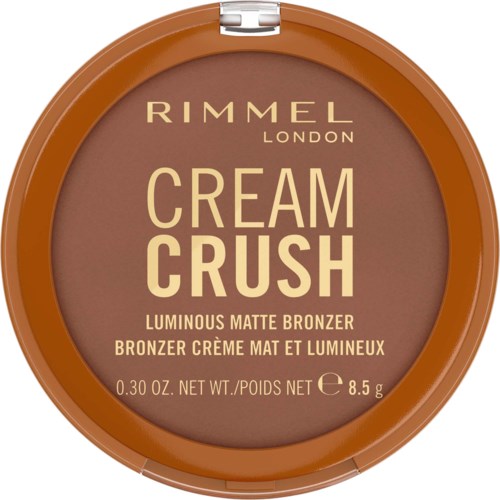 Nahaufnahme des Rimmel London Cream Crush leuchtend matten Bronzers in einem runden Behälter mit hellbraunem Deckel.