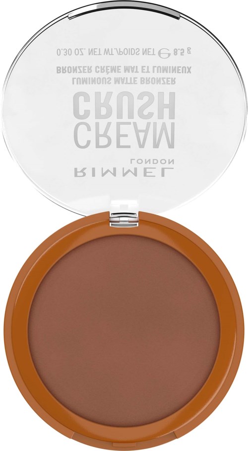 Offener Puder mit braun-orangefarbener Oberfläche und durchsichtigem Deckel mit Markierung und Produktdetails.