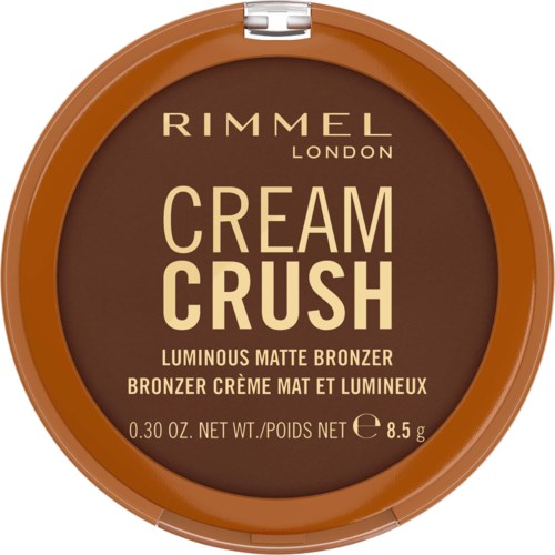 Runde Make-up-Compact mit braunem Deckel, goldener Text Rimmel London Cream Crush Luminous Matte Bronzer, 8,5 Gramm.