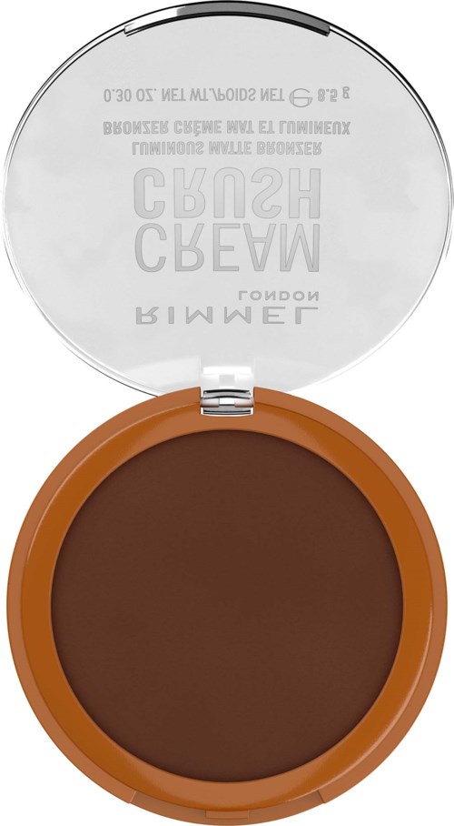 Runder Make-up-Blush in braunfarbenem Ton in einem orangefarbenen Kunststoffbehälter mit transparentem Deckel.