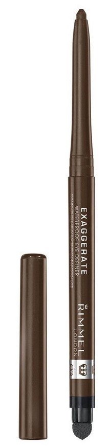 En brun kosmetisk penna med lock, märkt 'Exaggerate' och 'Line & Define', används för ögonmakeup.