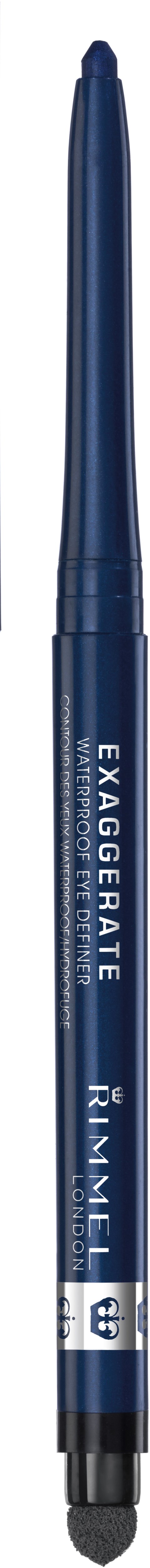 En blå penna med orden "Exaggerate" och "Runway" på, som visar att det är en kosmetik- eller sminkpenna.