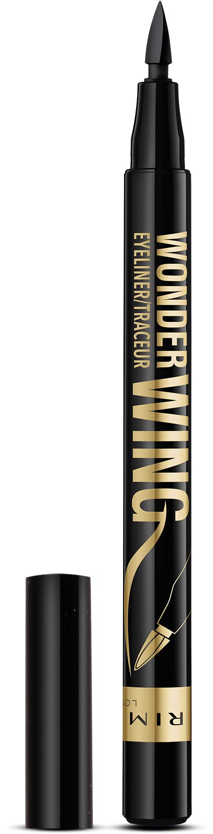 En svart ögonpenna med guldfärgade bokstäver och lock, märkt 'Wonder Wing' och 'Eyeliner Pen.'