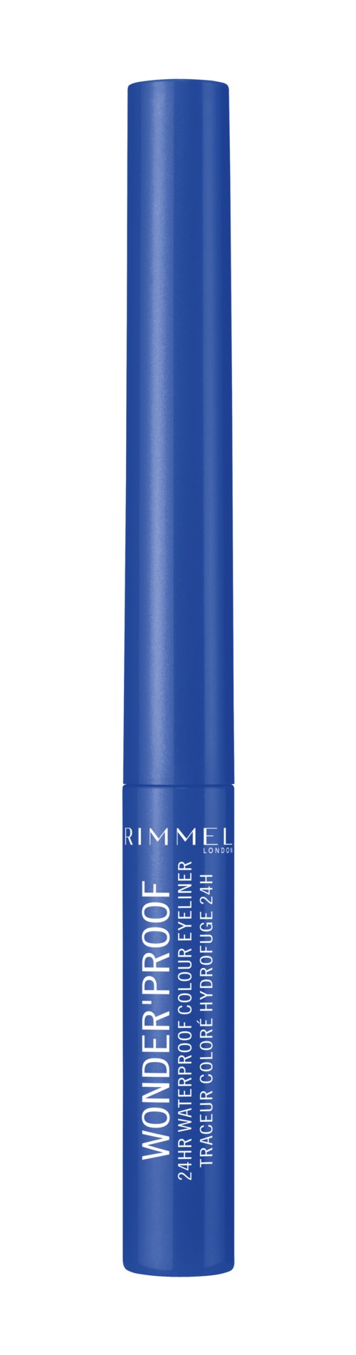 En blå Rimmel Wonder'fully Waterproof øjenmakeup pen. Elegant, enkel design på hvid baggrund.