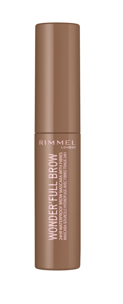 Et sminkeprodukt i et beige rør med matchende lokk, merket "Wonder Full Brow" fra Rimmel London.