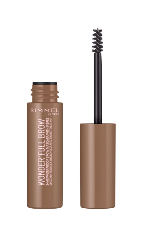 En beige tube med børste, merket "Wonderfull Brow" av Rimmel London for øyenbrynsmakeup.