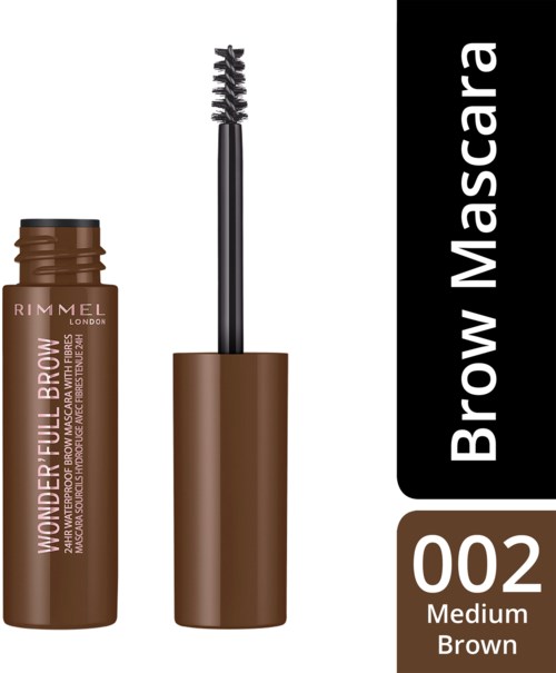 En brun tube märkt 'Wonder' innehåller mascara med borste och lock. På boxen står det att den är för ögonbryn, i mediumbrun.