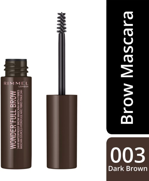 En brun tube med bryngel og børste, merket Rimmel London Wonder Full Brow, mørk brun farge.