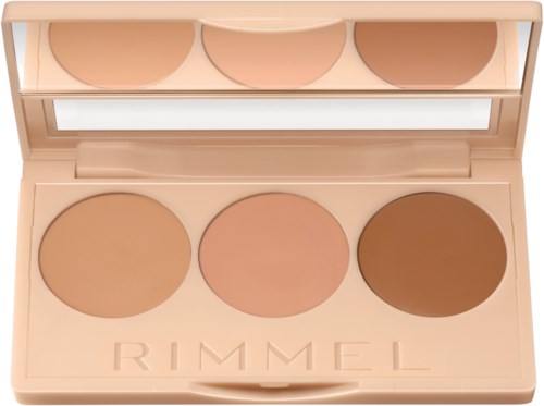 En beige Rimmel sminkpalett med tre cirkulära nyanser och en spegel inuti locket.