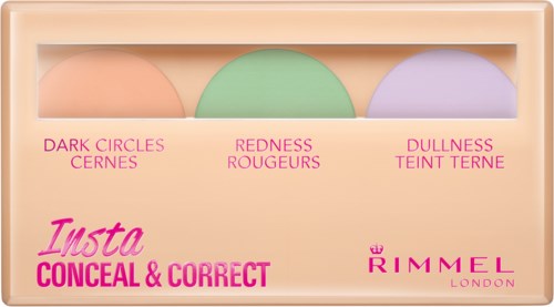 En Rimmel-concealerpalett med tre nyanser för mörka ringar, rodnad och tristhet i ett beige fodral.