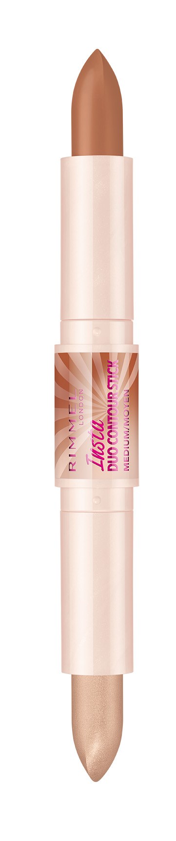 En makeupprodukt med två färger, beige och rosa, på en pinne med en etikett, används för läppar.