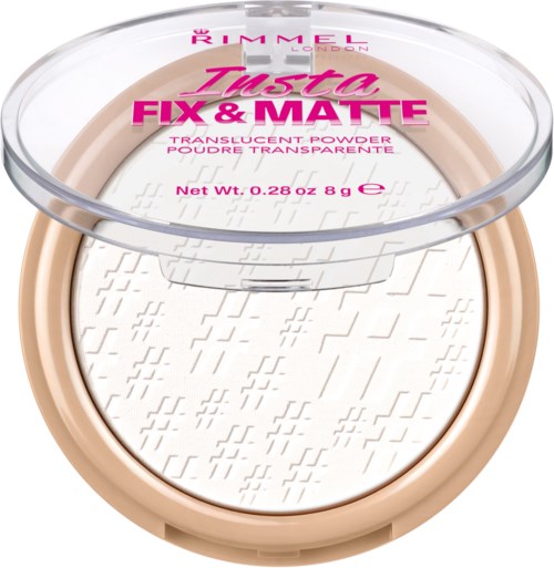En kompakt av Rimmel London Insta Fix & Matte, transparent pulver med rosa tekst på lokket.